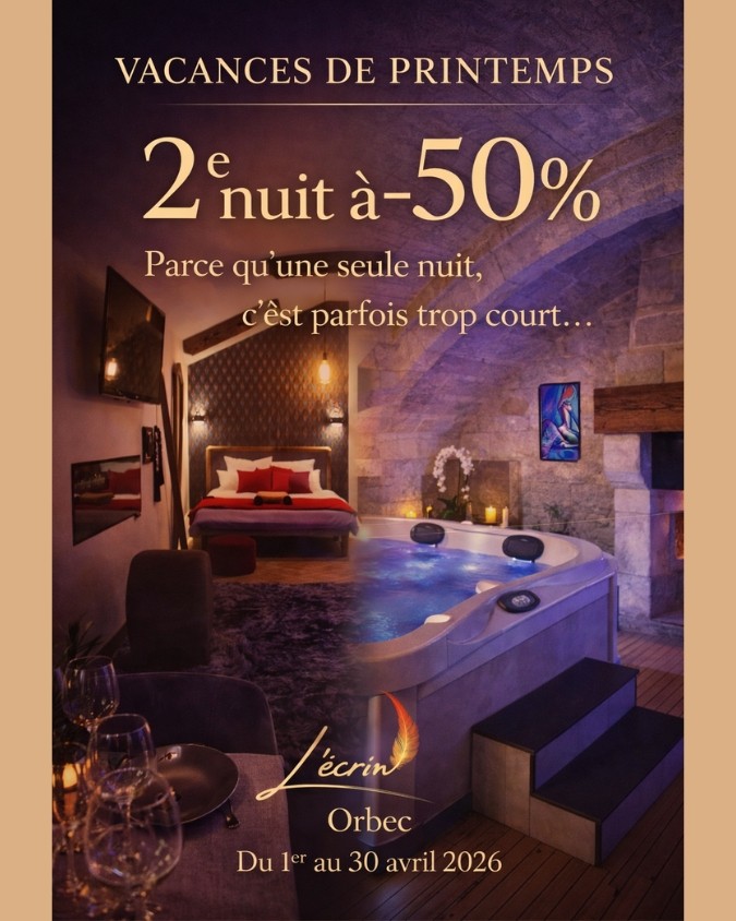 Offre d'Avril 2026: -50% sur la deuxi&egrave;me nuit